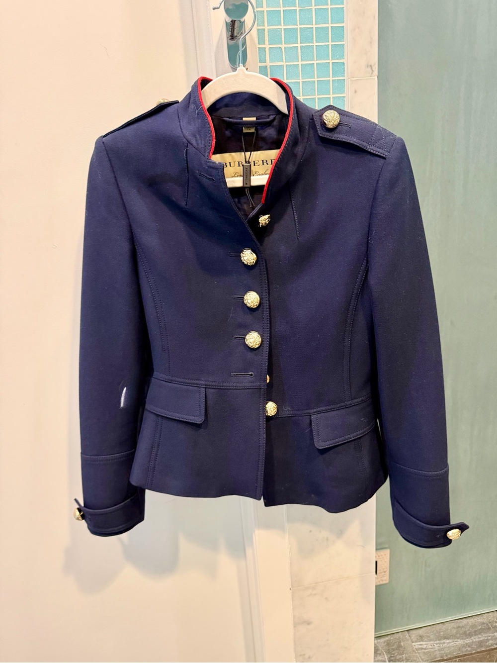 Burberry Navy Military-Inspired Peacoat with Red Trim